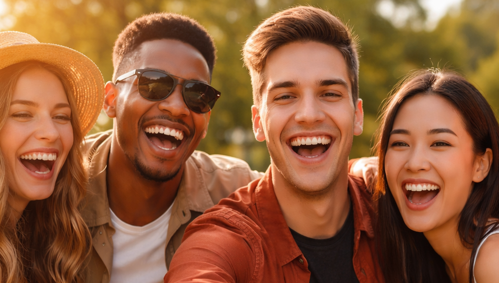 Happy friends taking a selfie in a park representing social media community and online friendship