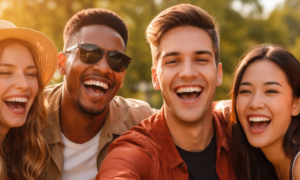 Happy friends taking a selfie in a park representing social media community and online friendship
