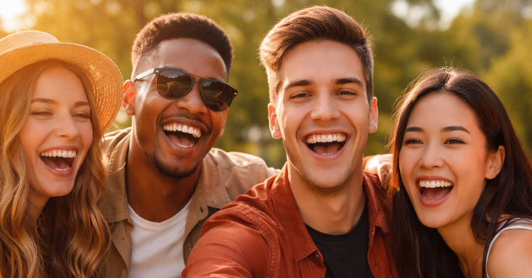 Happy friends taking a selfie in a park representing social media community and online friendship