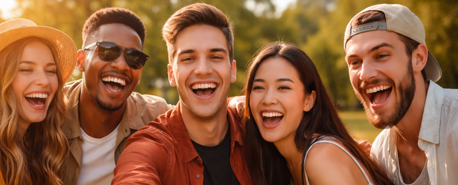 Happy friends taking a selfie in a park representing social media community and online friendship